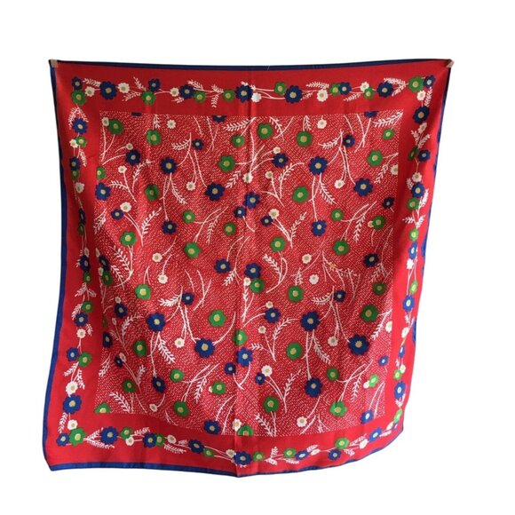 Vintage Floral Scarf Red Blue Green White Mini Flowers Accessories - Picture 1 of 4